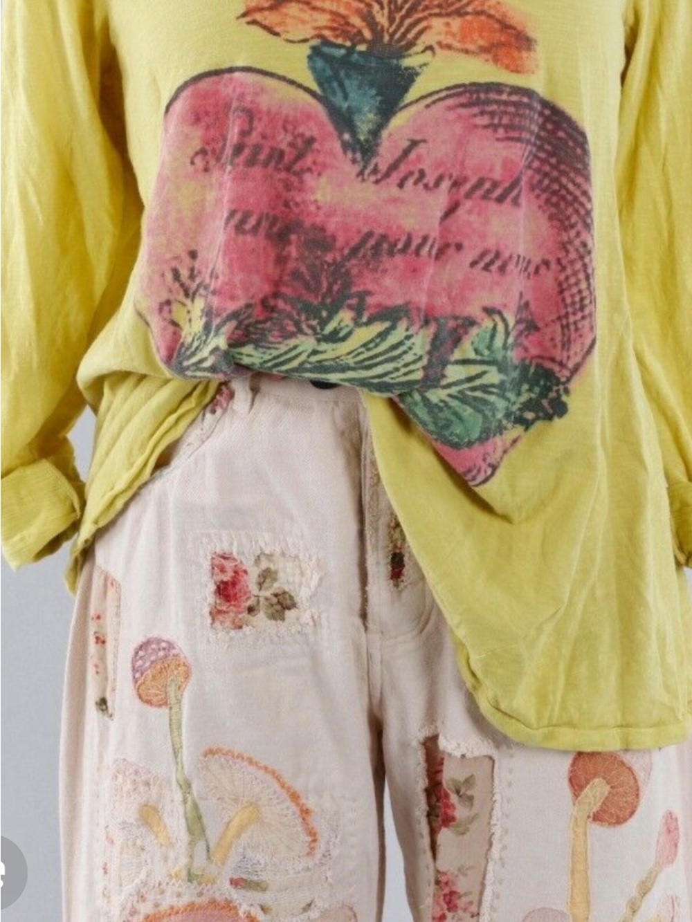 Magnolia Pearl Yellow Heart Graphic Long Sleeve Tee with Pink and Green Accents - Picture 3 of 8